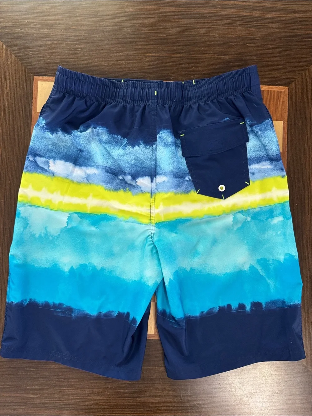 Wonder Nation boys navy blue green yellow swim trunks size XXL.